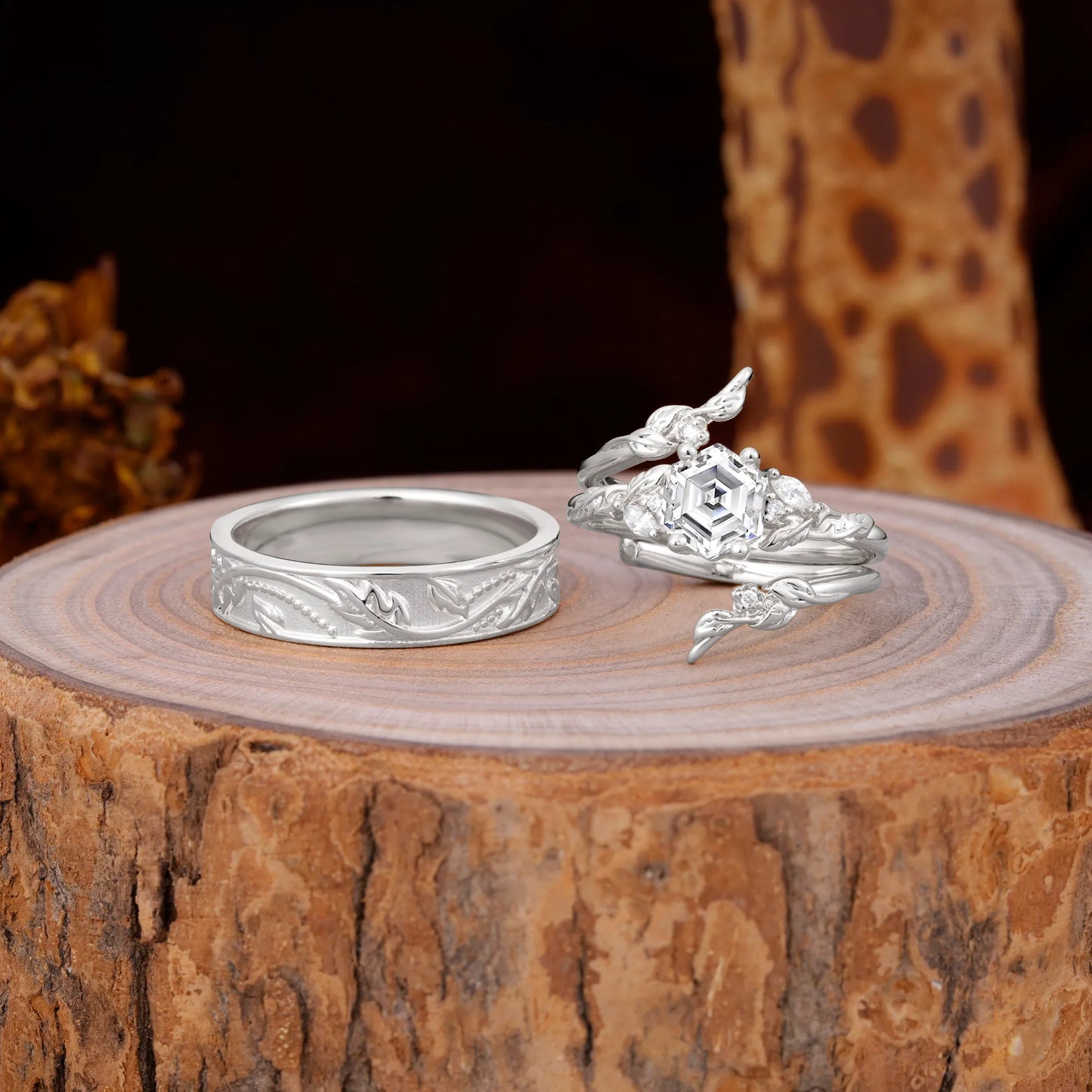 Nature Inspiration Luxury Retro 4-Prong Lab Diamond Promise Couples Rings