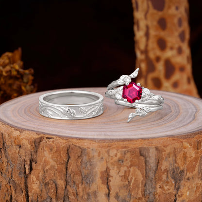 Nature Inspiration Luxury Retro 4-Prong Ruby Promise Couples Rings