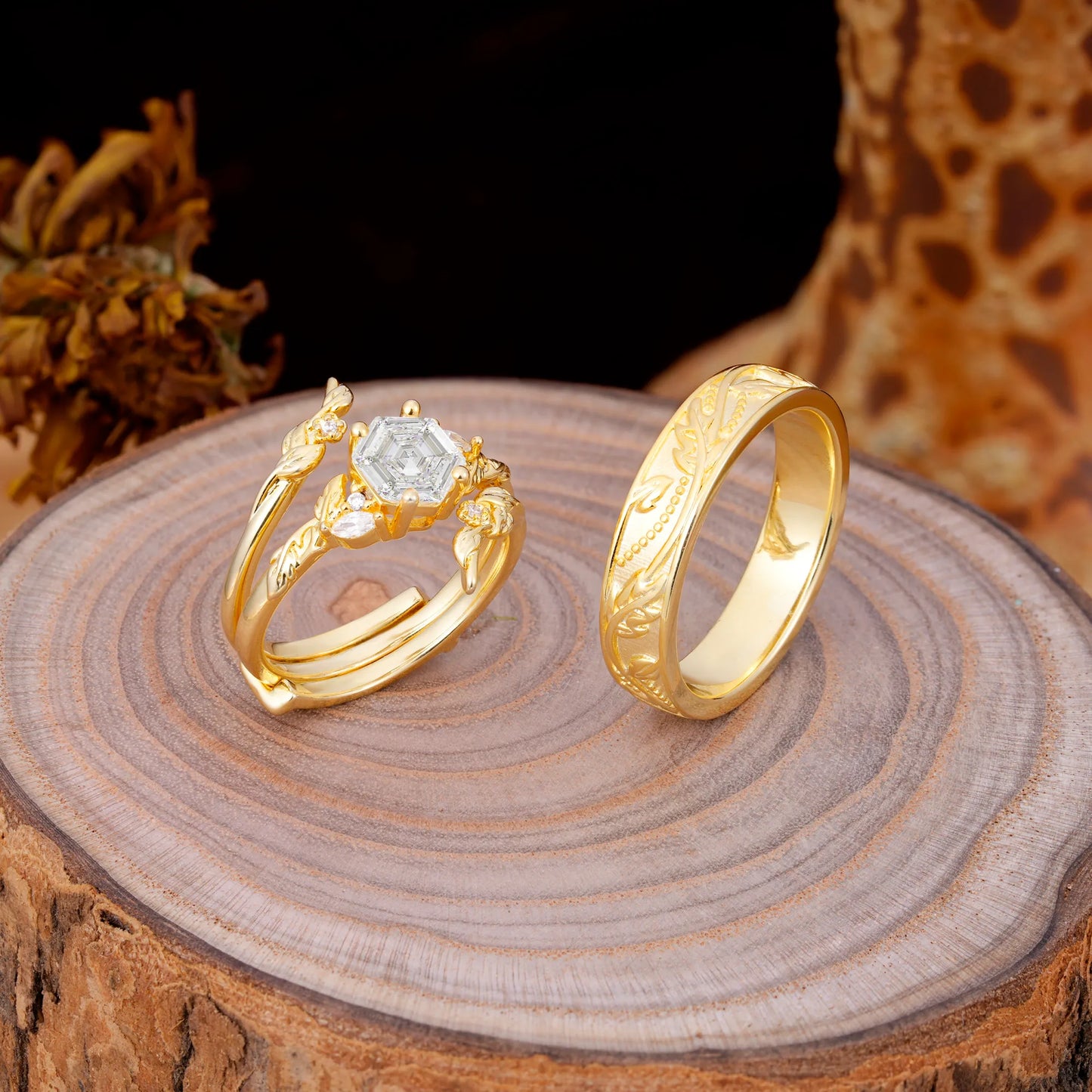 Nature Inspiration Luxury Retro 4-Prong Moissanite Promise Couples Rings