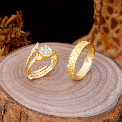 Nature Inspiration Luxury Retro 4-Prong Moissanite Promise Couples Rings
