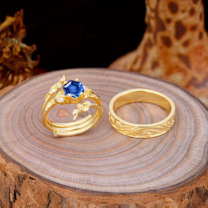 Nature Inspiration Luxury Retro 4-Prong Sapphire Promise Couples Rings