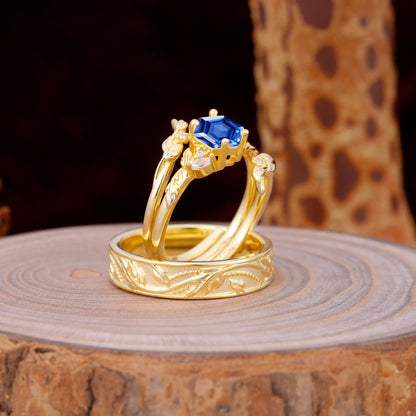 Nature Inspiration Luxury Retro 4-Prong Sapphire Promise Couples Rings