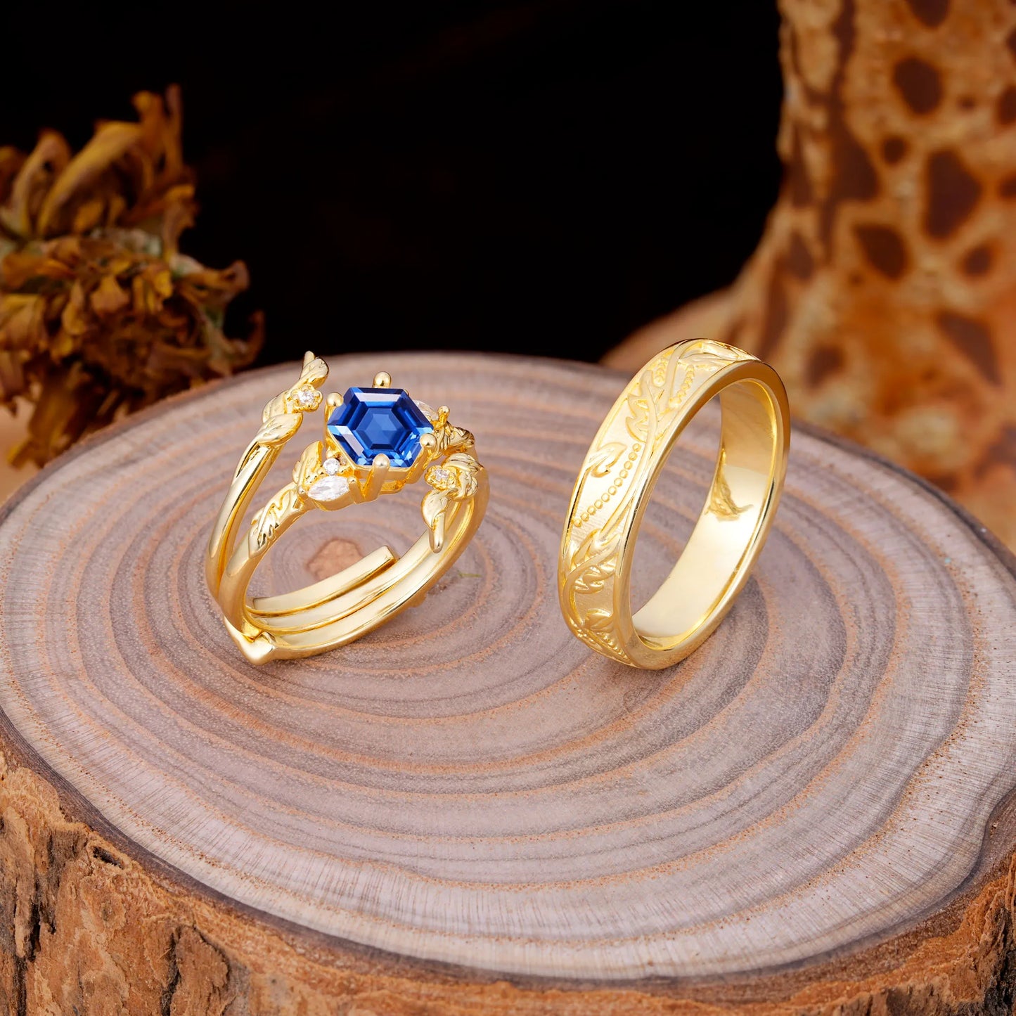 Nature Inspiration Luxury Retro 4-Prong Sapphire Promise Couples Rings