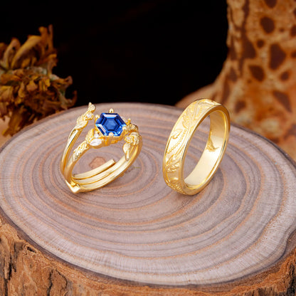 Nature Inspiration Luxury Retro 4-Prong Sapphire Promise Couples Rings