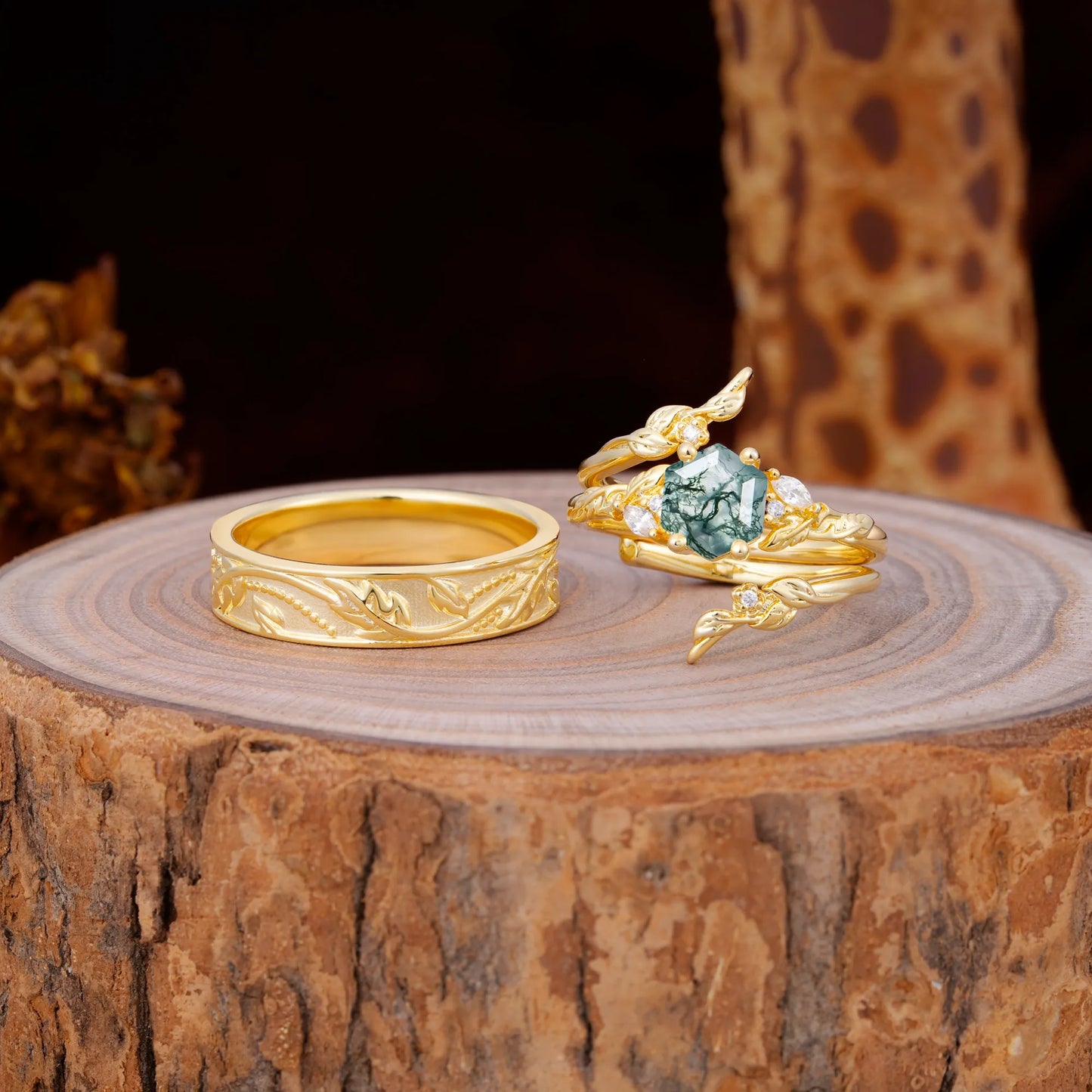 Nature Inspiration Luxury Retro 4-Prong Moss Agate Promise Couples Rings