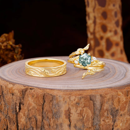 Nature Inspiration Luxury Retro 4-Prong Moss Agate Promise Couples Rings