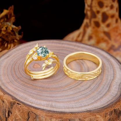 Nature Inspiration Luxury Retro 4-Prong Moss Agate Promise Couples Rings