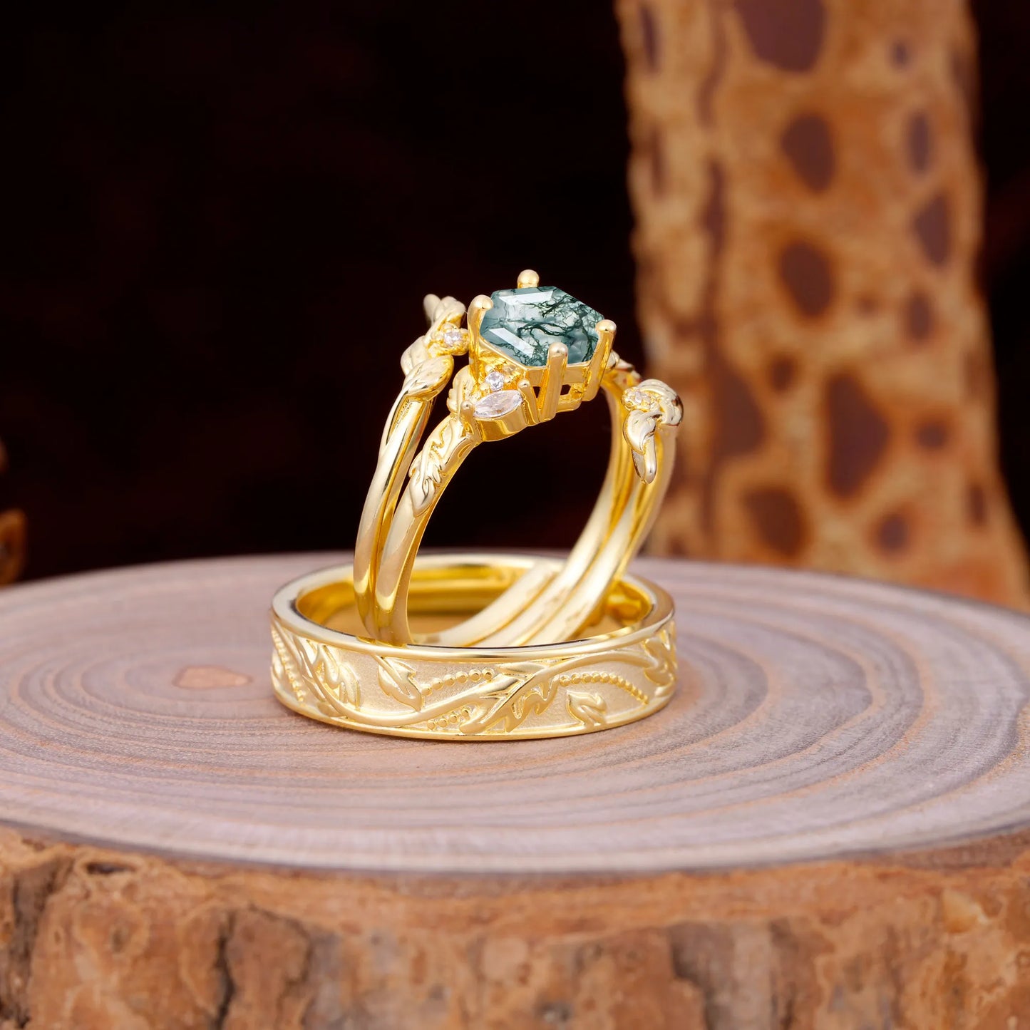 Nature Inspiration Luxury Retro 4-Prong Moss Agate Promise Couples Rings