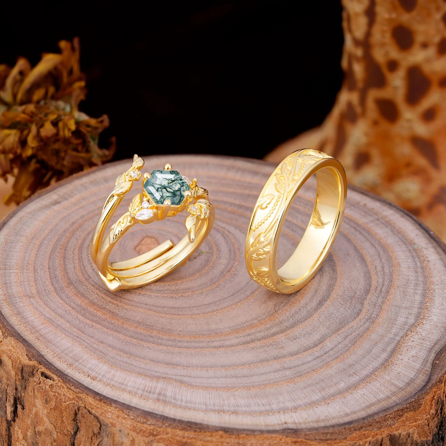 Nature Inspiration Luxury Retro 4-Prong Moss Agate Promise Couples Rings