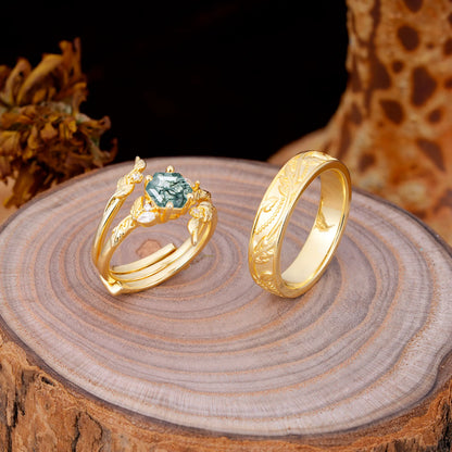 Nature Inspiration Luxury Retro 4-Prong Moss Agate Promise Couples Rings