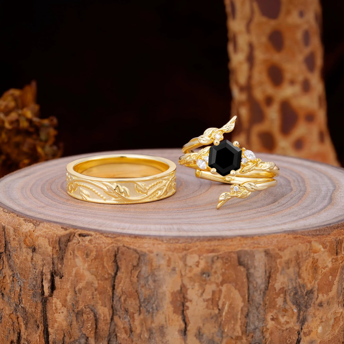 Nature Inspiration Luxury Retro 4-Prong Black Onyx Promise Couples Rings