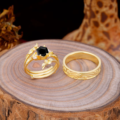 Nature Inspiration Luxury Retro 4-Prong Black Onyx Promise Couples Rings