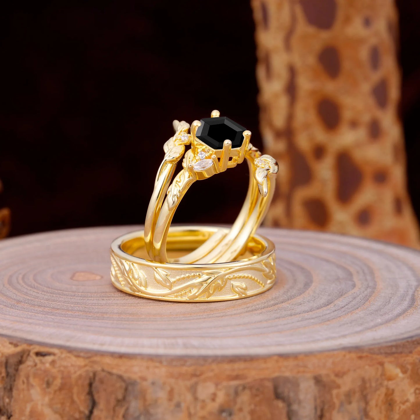 Nature Inspiration Luxury Retro 4-Prong Black Onyx Promise Couples Rings
