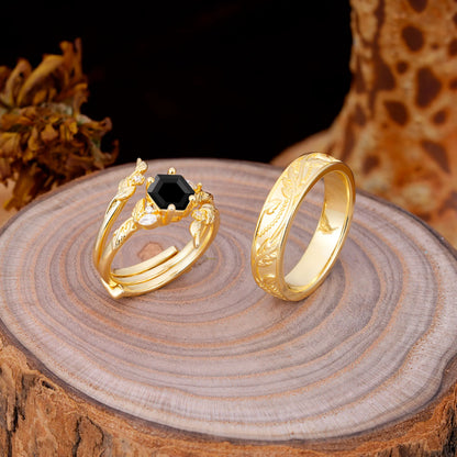 Nature Inspiration Luxury Retro 4-Prong Black Onyx Promise Couples Rings