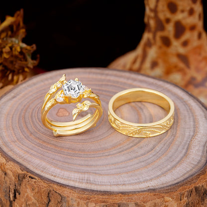 Nature Inspiration Luxury Retro 4-Prong Lab Diamond Promise Couples Rings