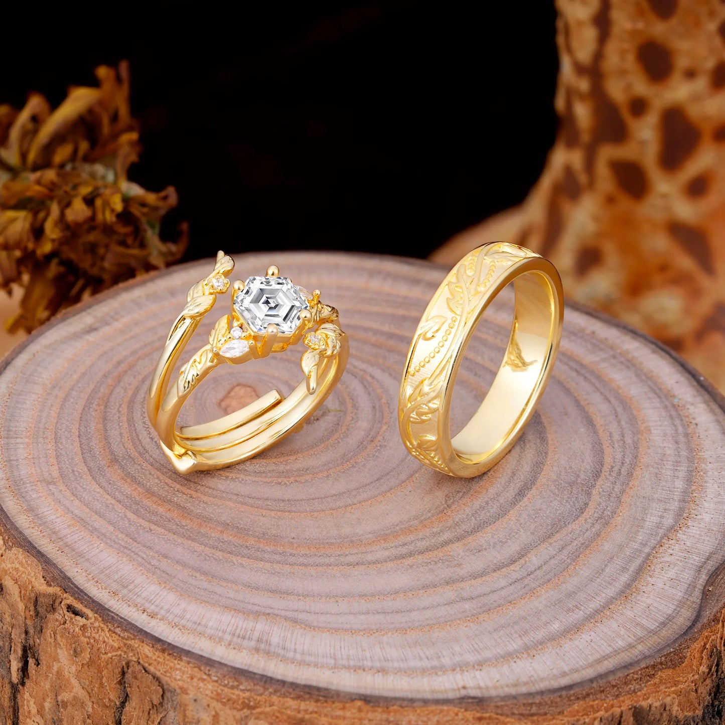 Nature Inspiration Luxury Retro 4-Prong Lab Diamond Promise Couples Rings