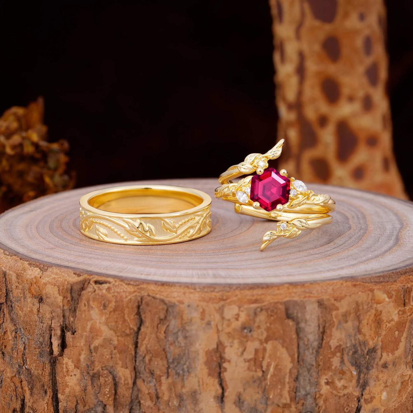Nature Inspiration Luxury Retro 4-Prong Ruby Promise Couples Rings