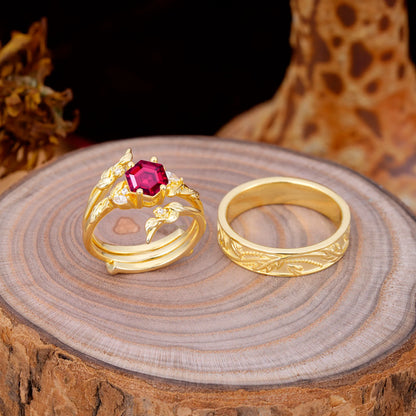 Nature Inspiration Luxury Retro 4-Prong Ruby Promise Couples Rings