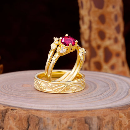 Nature Inspiration Luxury Retro 4-Prong Ruby Promise Couples Rings