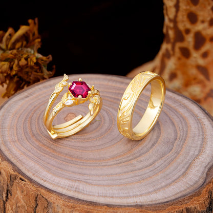 Nature Inspiration Luxury Retro 4-Prong Ruby Promise Couples Rings