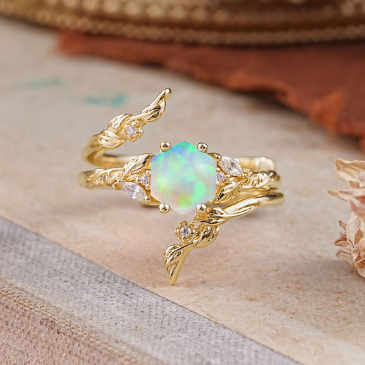 Botanical Hexagon Opal Bridal Ring Set