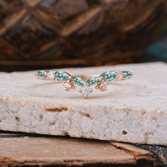 Luxurious Marquise Cut Moss Agate Curved Wedding Ring