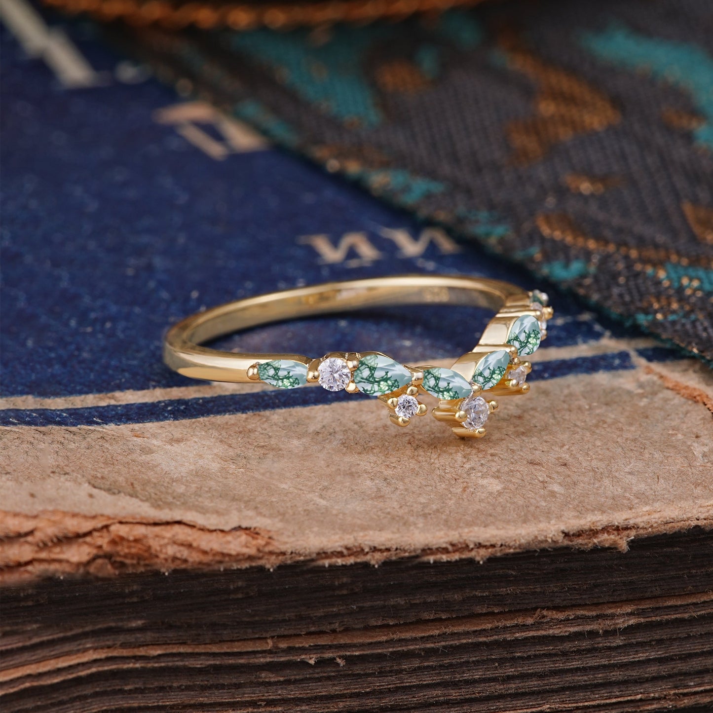 Luxurious Marquise Cut Moss Agate Curved Wedding Ring