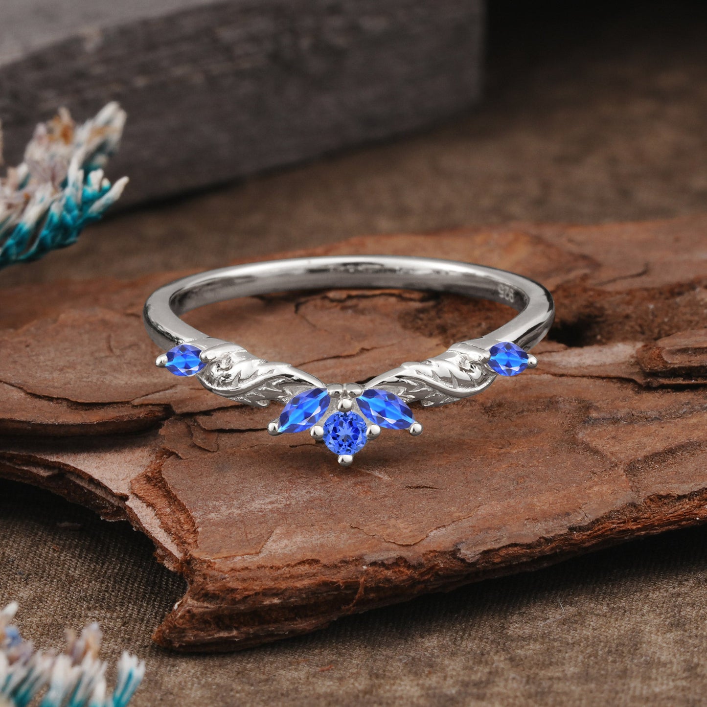 Unique Marquise Cut Curved Sapphire Ring Wedding Ring