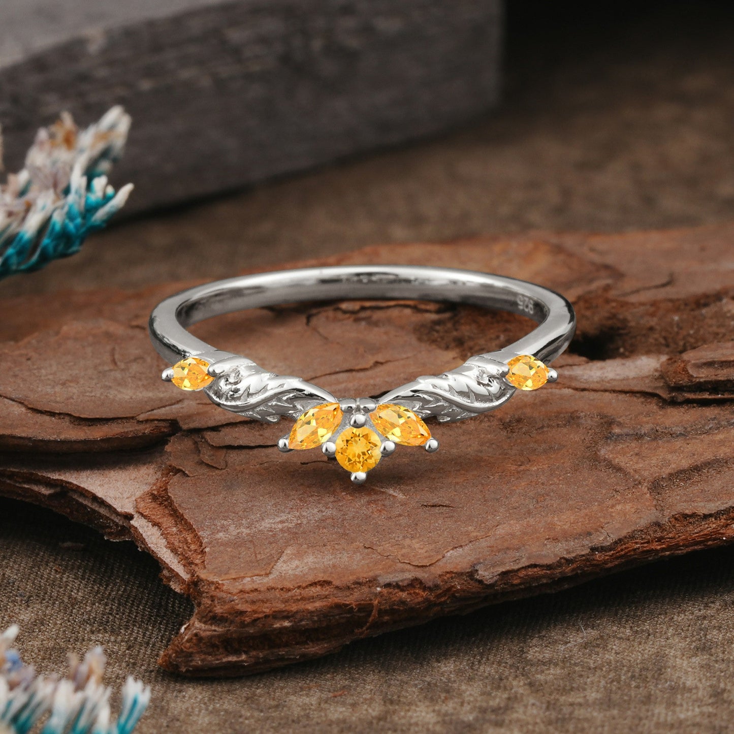 Unique Marquise Cut Curved Citrine Ring Wedding Ring