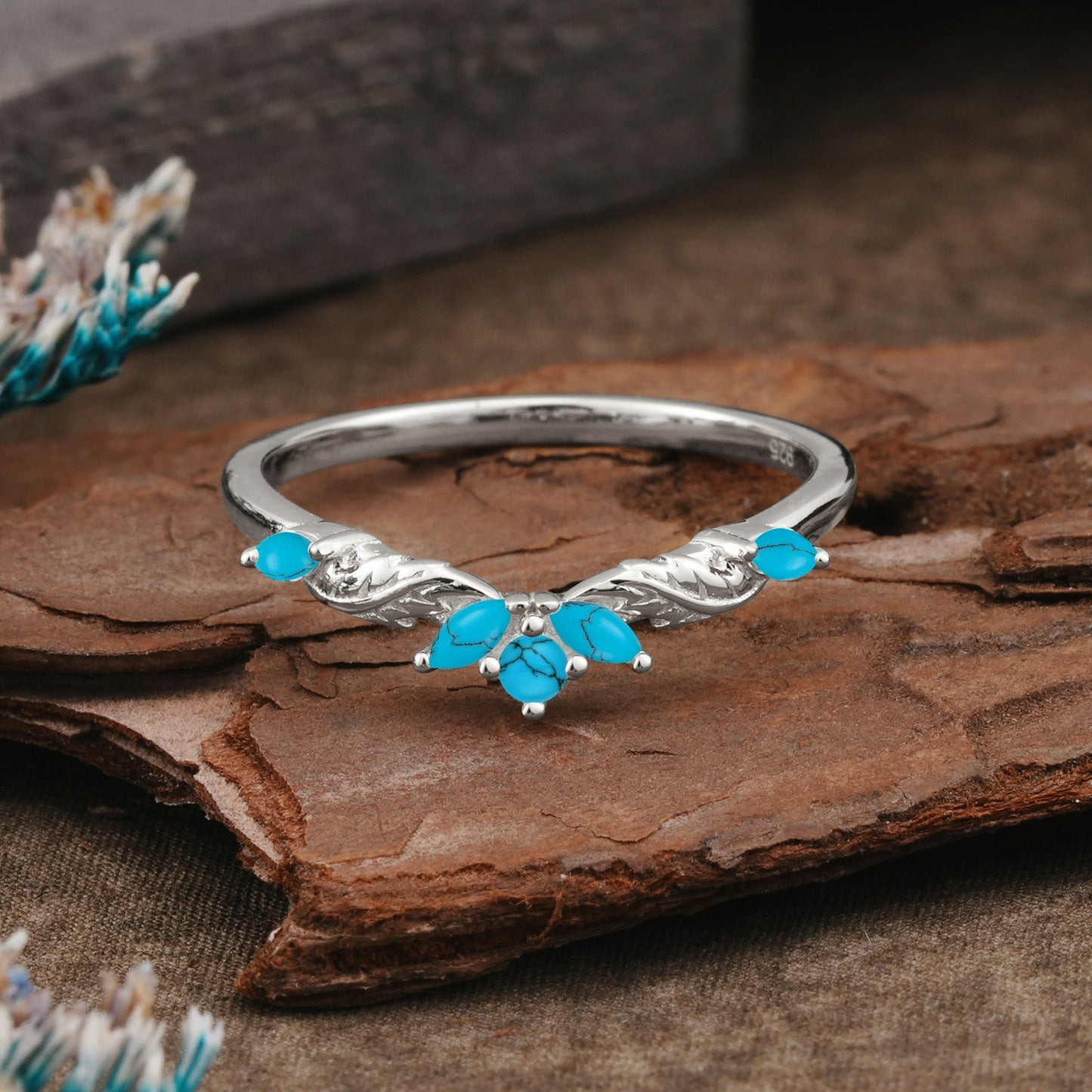 Unique Marquise Cut Curved Turquoise  Ring Wedding Ring