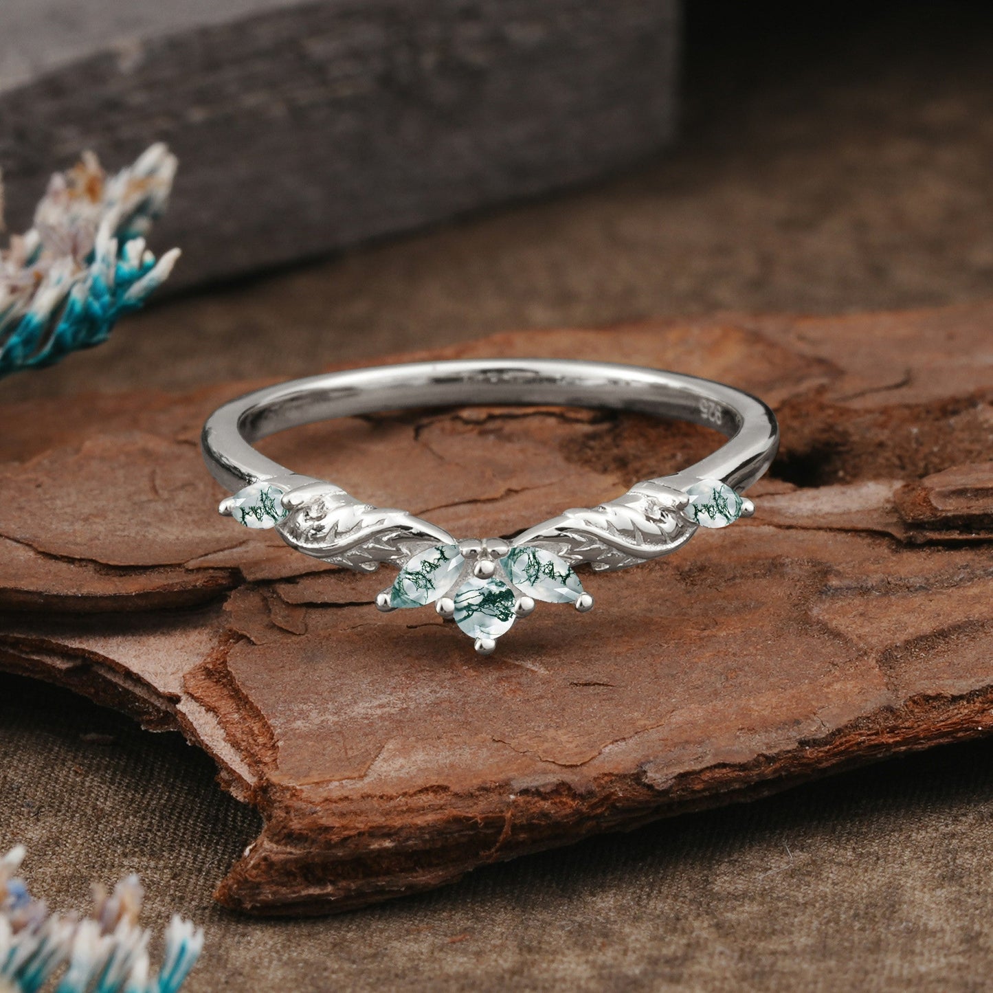 Unique Marquise Cut Curved Moss Agate Ring Wedding Ring