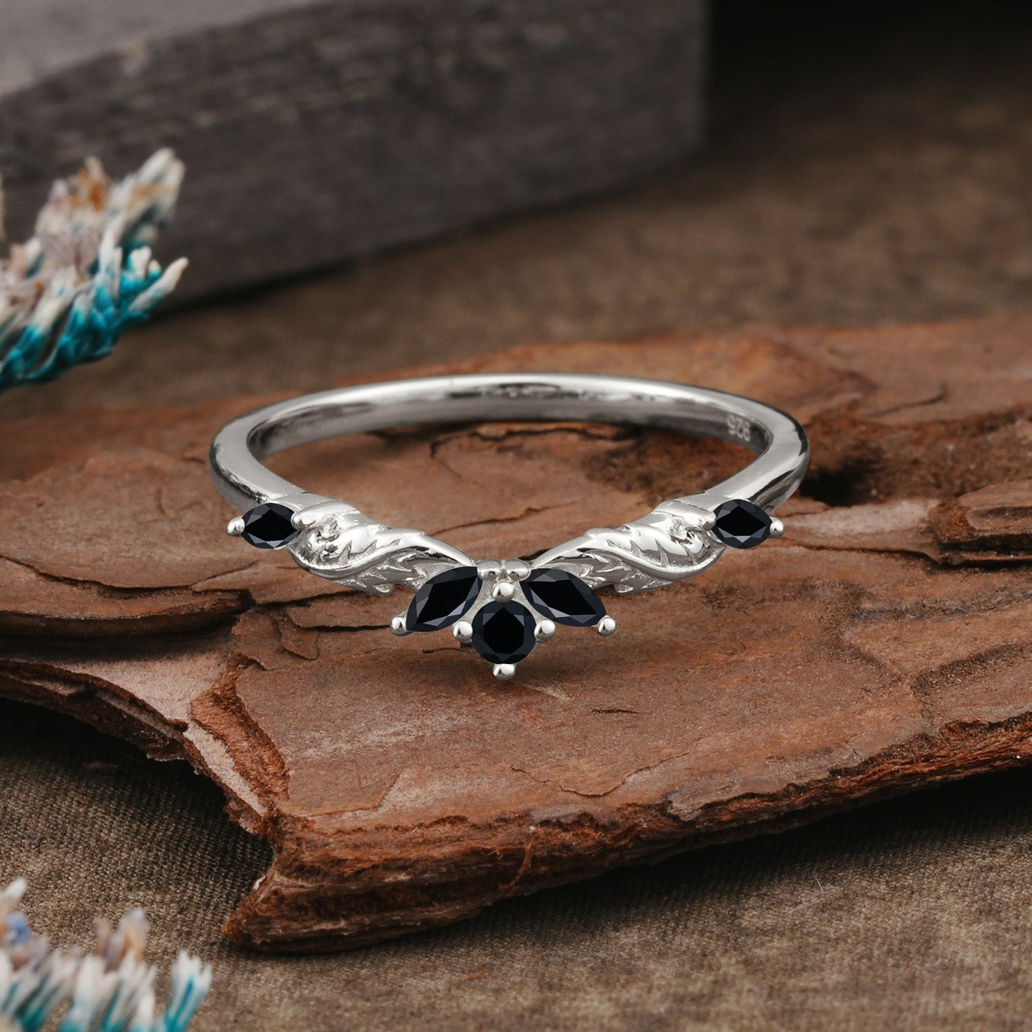Unique Marquise Cut Curved Black Onyx Ring Wedding Ring