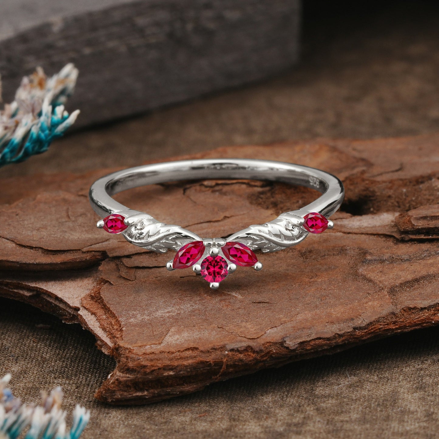 Unique Marquise Cut Curved Ruby Ring Wedding Ring
