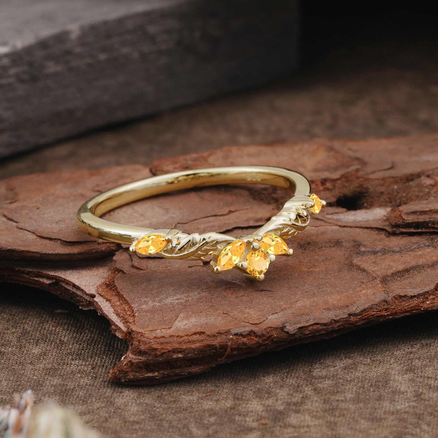 Unique Marquise Cut Curved Citrine Ring Wedding Ring