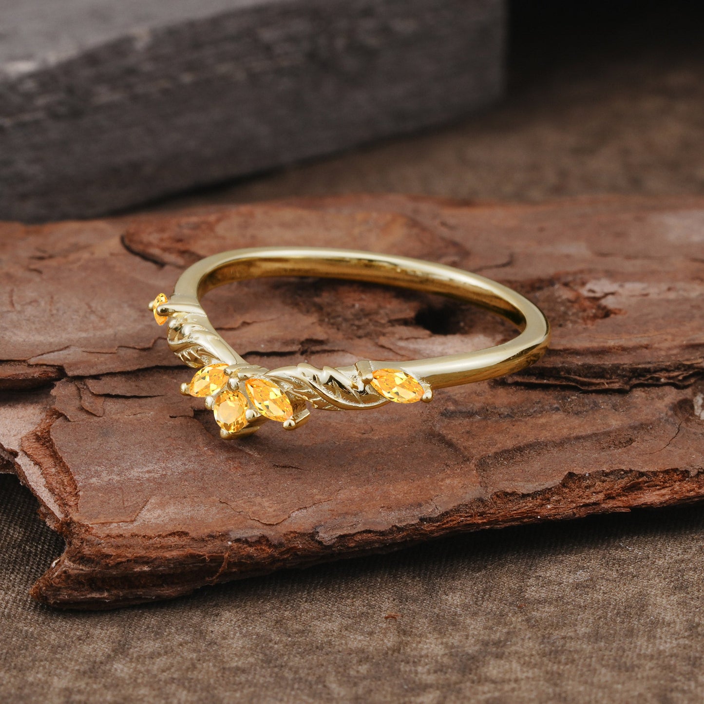 Unique Marquise Cut Curved Citrine Ring Wedding Ring