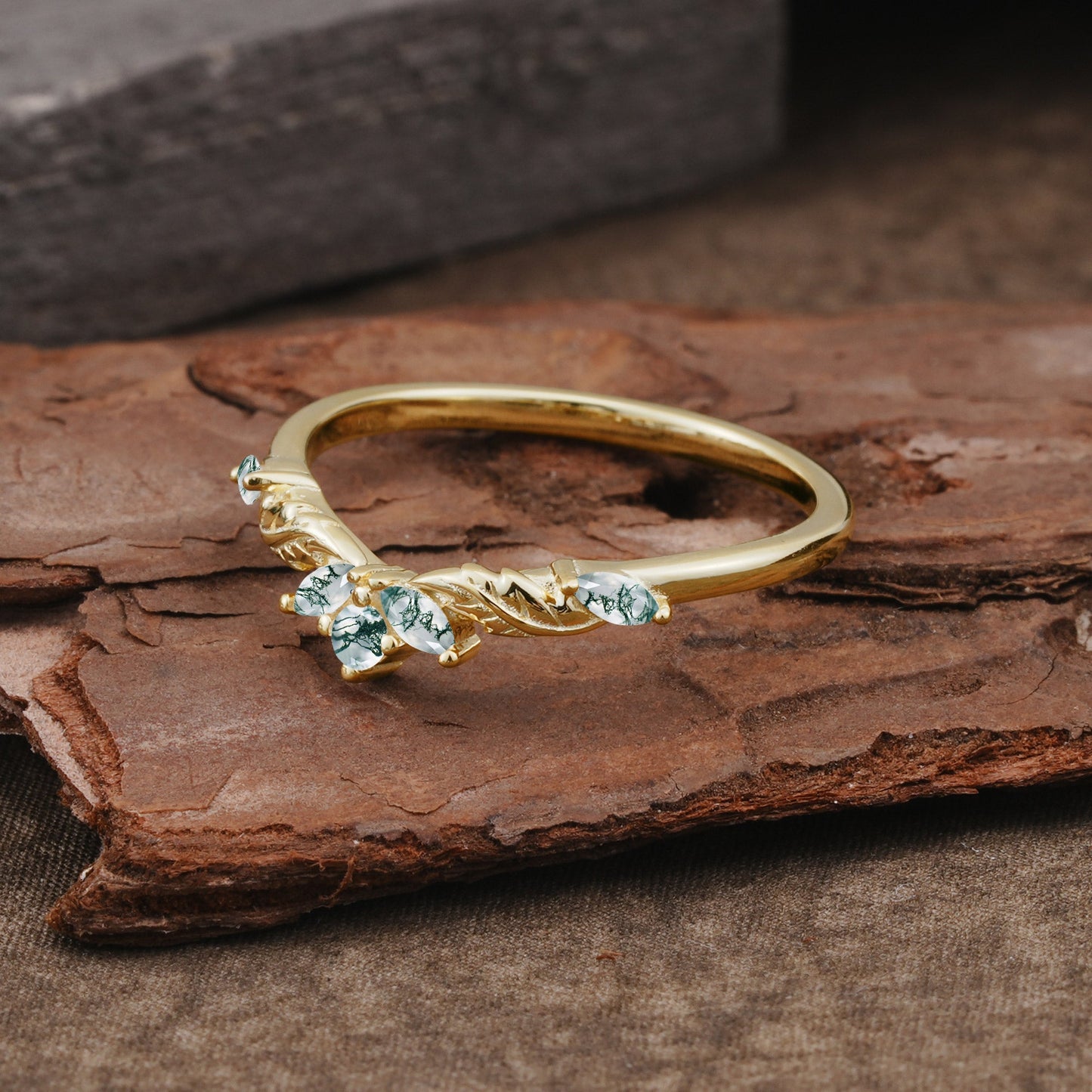 Unique Marquise Cut Curved Moss Agate Ring Wedding Ring