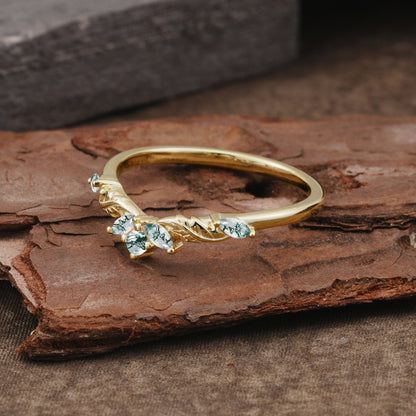 Unique Marquise Cut Curved Moss Agate Ring Wedding Ring