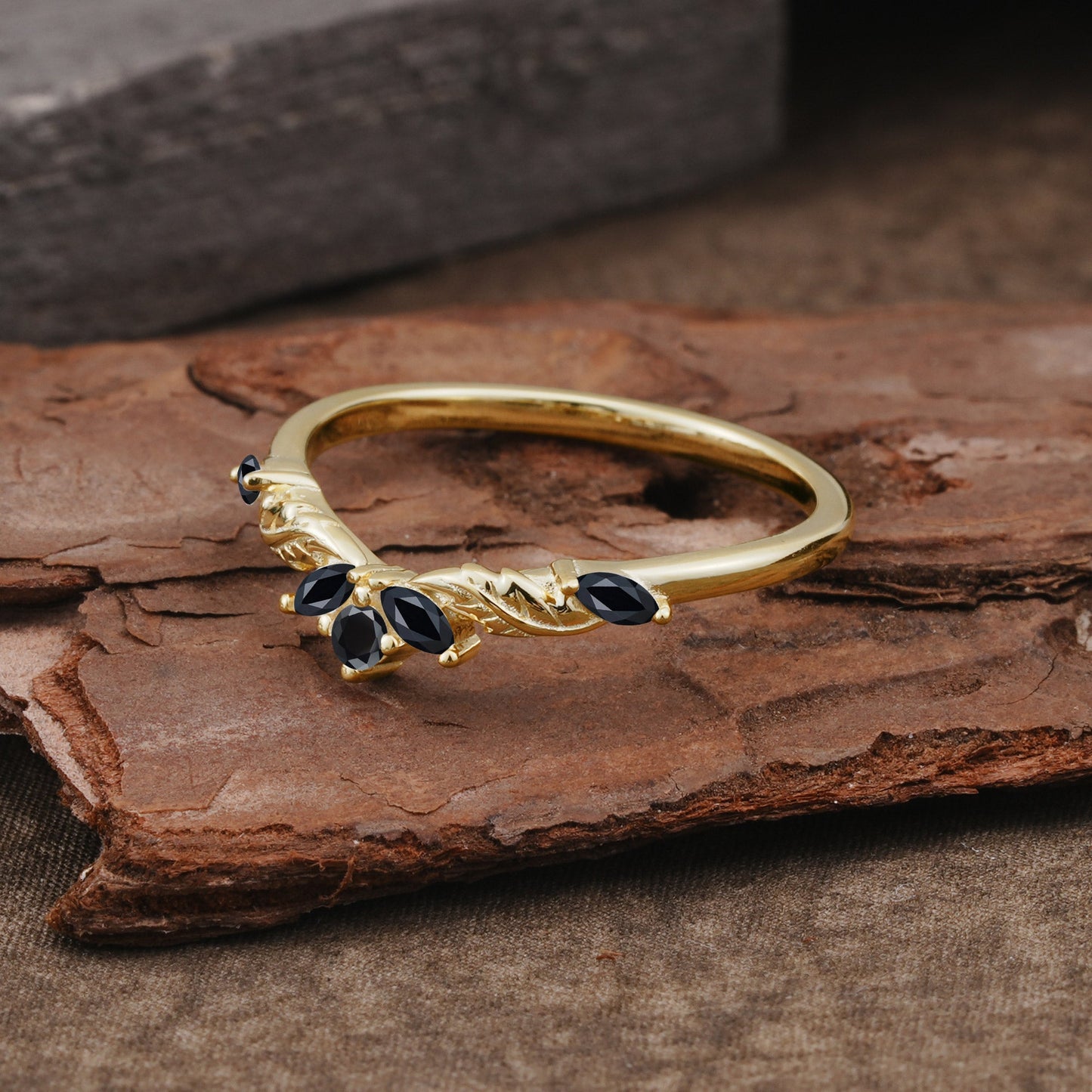Unique Marquise Cut Curved Black Onyx Ring Wedding Ring