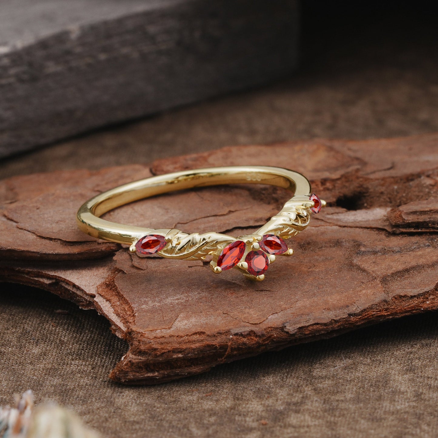 Unique Marquise Cut Curved Garnet Ring Wedding Ring