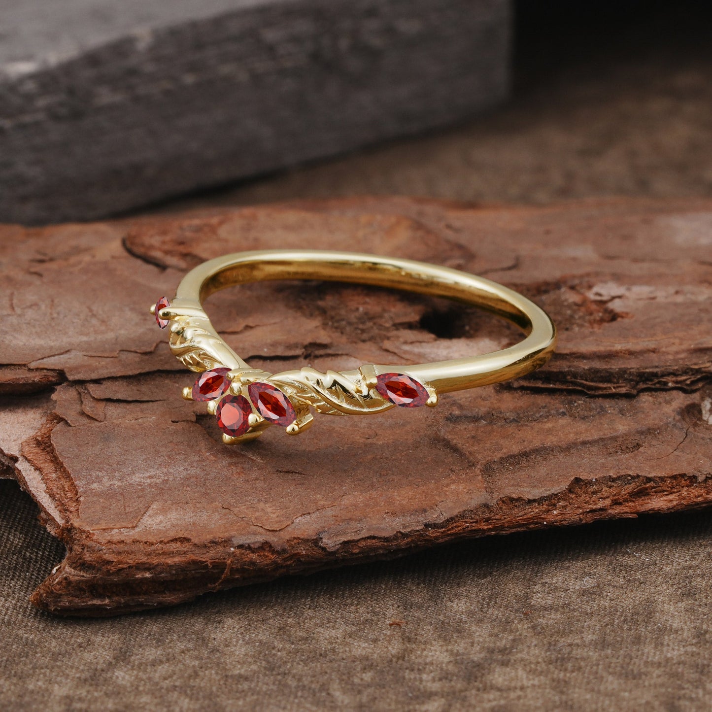 Unique Marquise Cut Curved Garnet Ring Wedding Ring