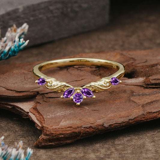 Unique Marquise Cut Curved Amethyst Ring Wedding Ring