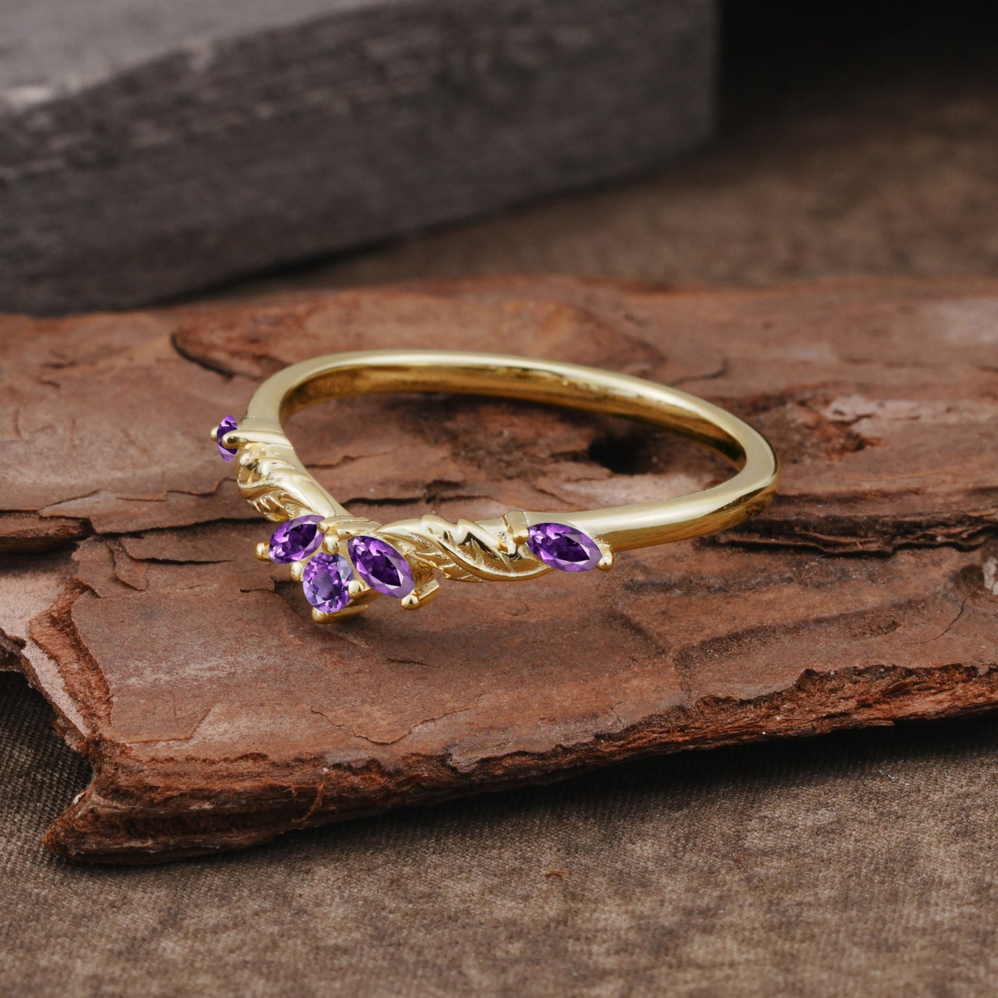 Unique Marquise Cut Curved Amethyst Ring Wedding Ring