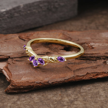 Unique Marquise Cut Curved Amethyst Ring Wedding Ring