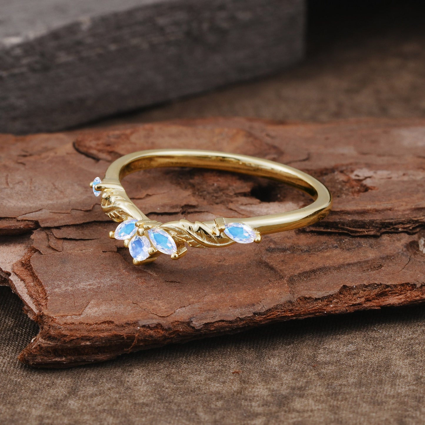 Unique Marquise Cut Curved Moonstone Ring Wedding Ring