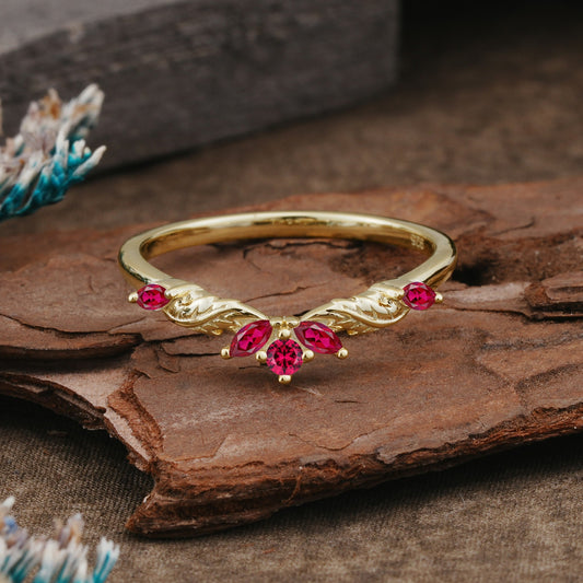 Unique Marquise Cut Curved Ruby Ring Wedding Ring