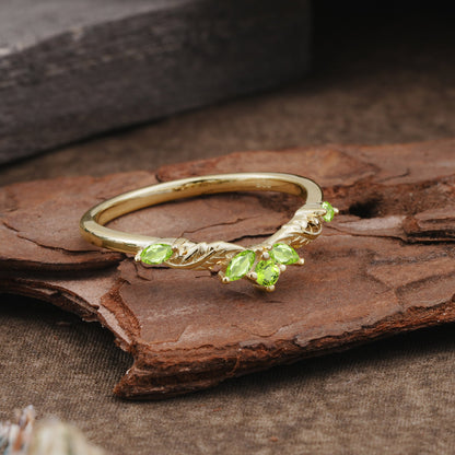 Unique Marquise Cut Curved Peridot Ring Wedding Ring
