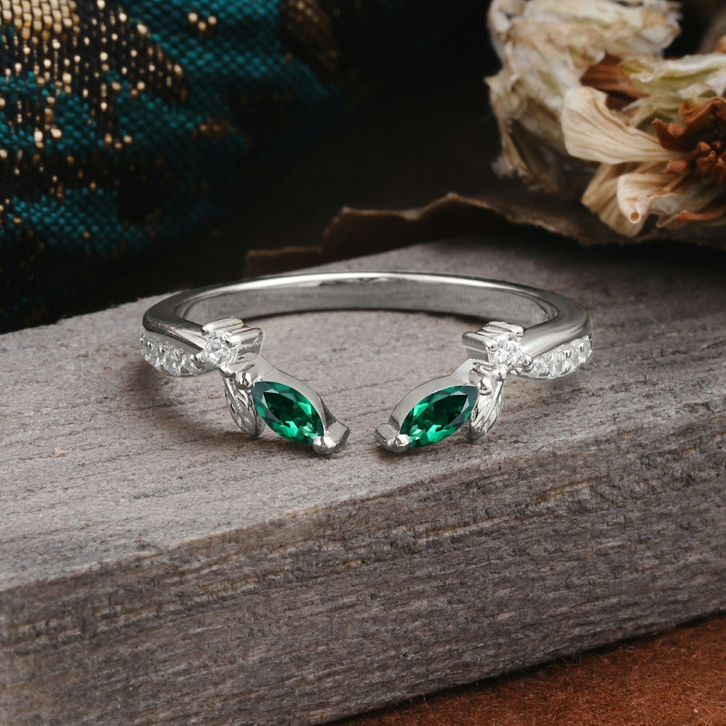 Crown Marquise Cut Emerald Ring Wedding Ring
