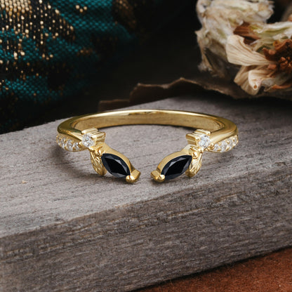 Crown Marquise Cut Black Onyx Ring Wedding Ring