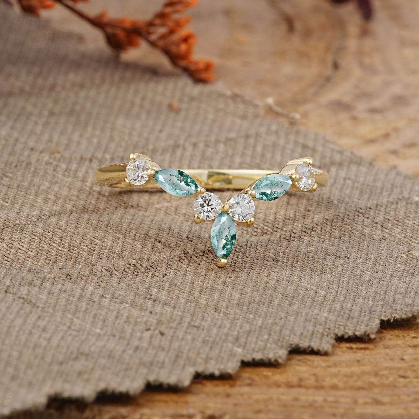 Unique Moss Agate Curved Wedding Ring for Women