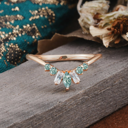 Vintage Nature Inspired Chevron Moss Agate Curved Wedding Ring